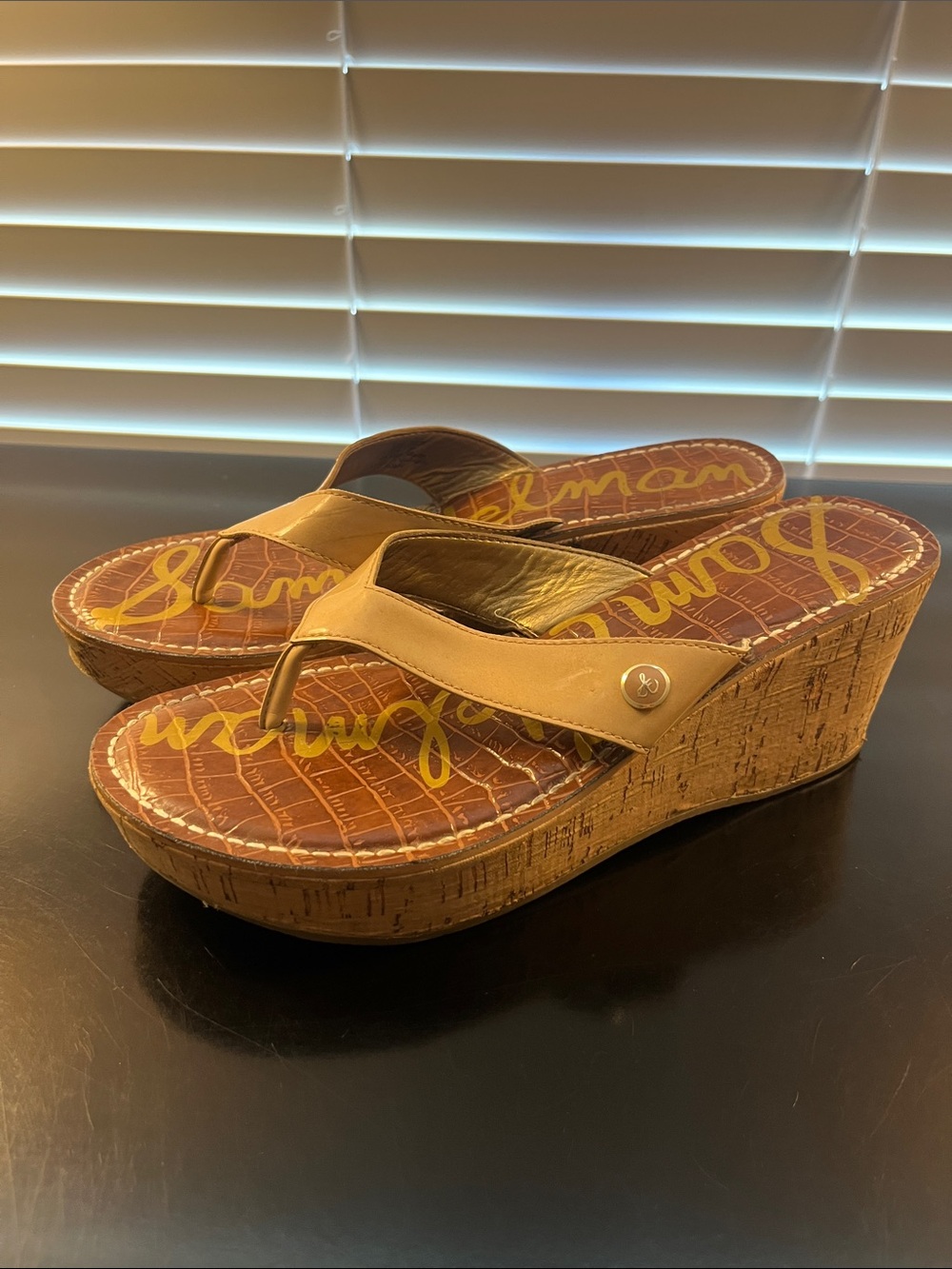 Sam Edelman Brown Tan Cork Wedge Thong Sandals Size 8